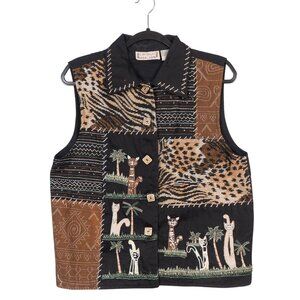Life Style VTG Vest L Womens Black Cats Leopard Zebra Print Safari Embroidery